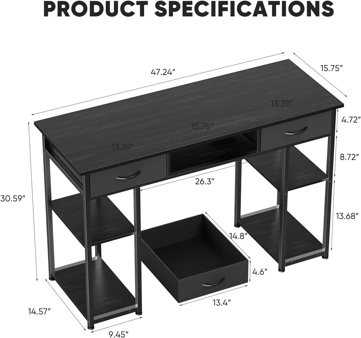 48" Small Computer Desk with Drawers & Storage Shelf, Compact Writing Table for Home Office, Gaming, Metal Frame Black