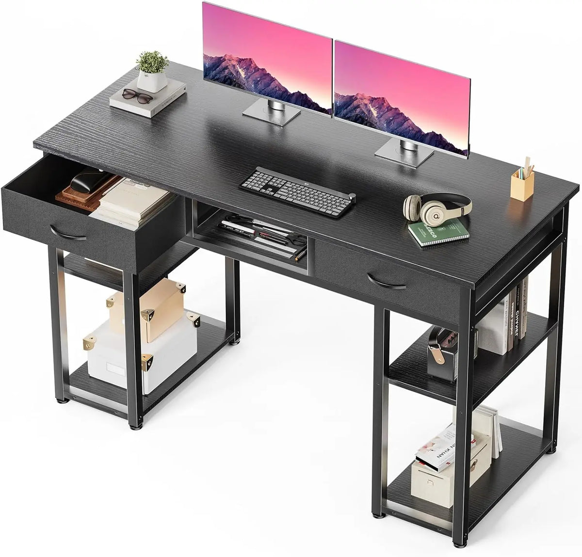 48" Small Computer Desk with Drawers & Storage Shelf, Compact Writing Table for Home Office, Gaming, Metal Frame Black